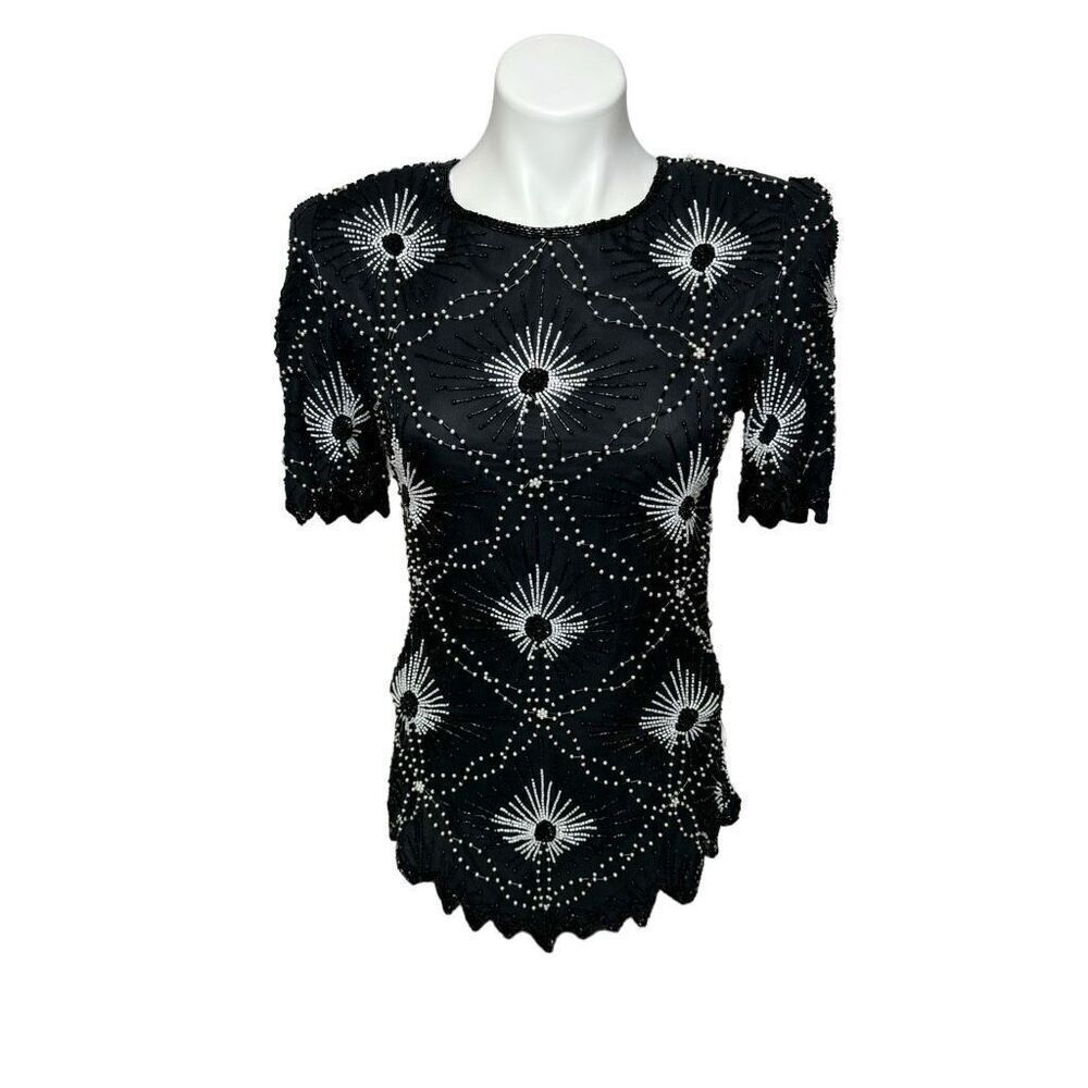 Vintage Scala silk beaded top in black and white size S